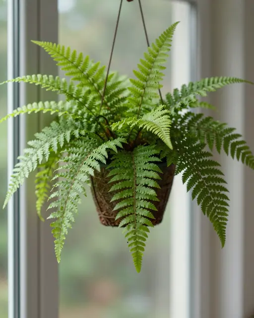 Lush green fern in a hanging basket hangs near an indoor window with blurred outdoor foliage behind it