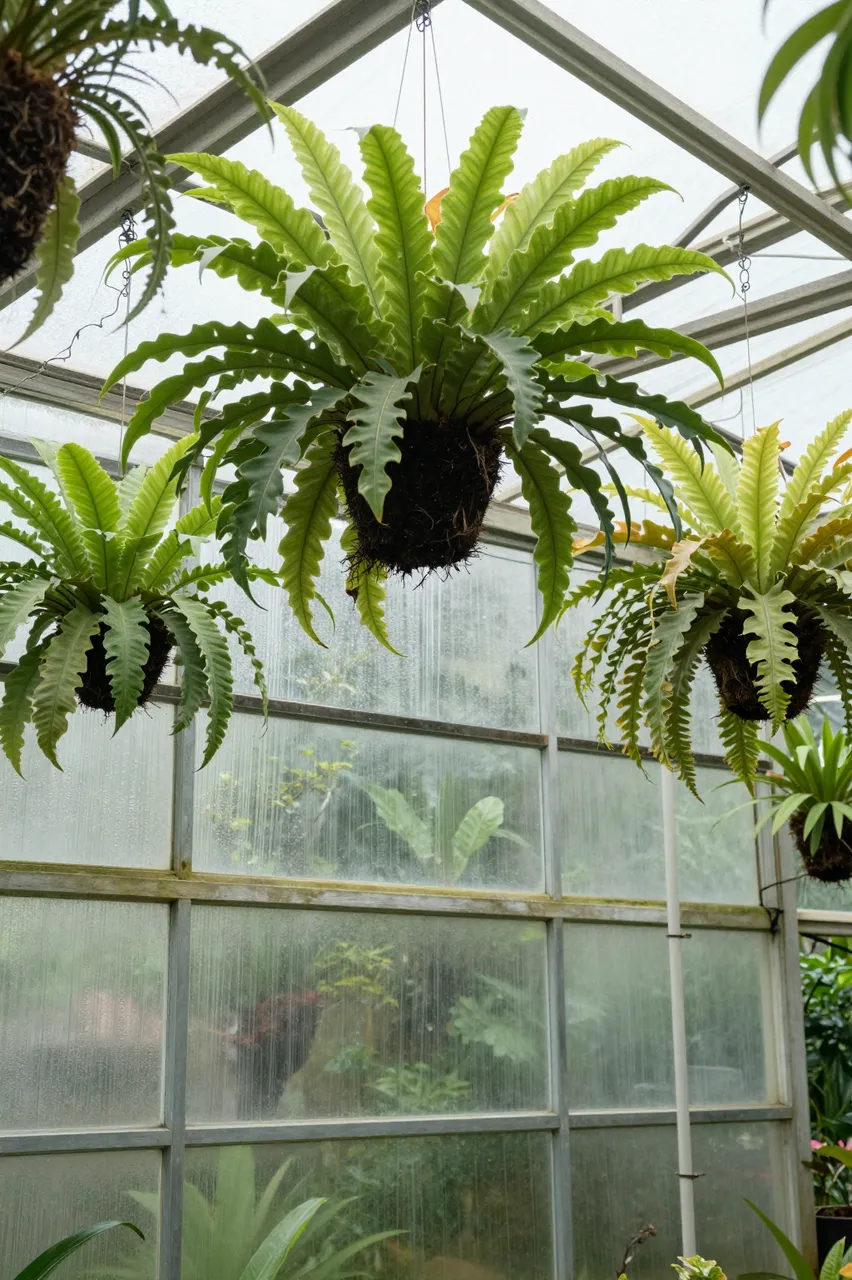 Hanging leafy fern plants dangle inside a misted glass greenhouse interior