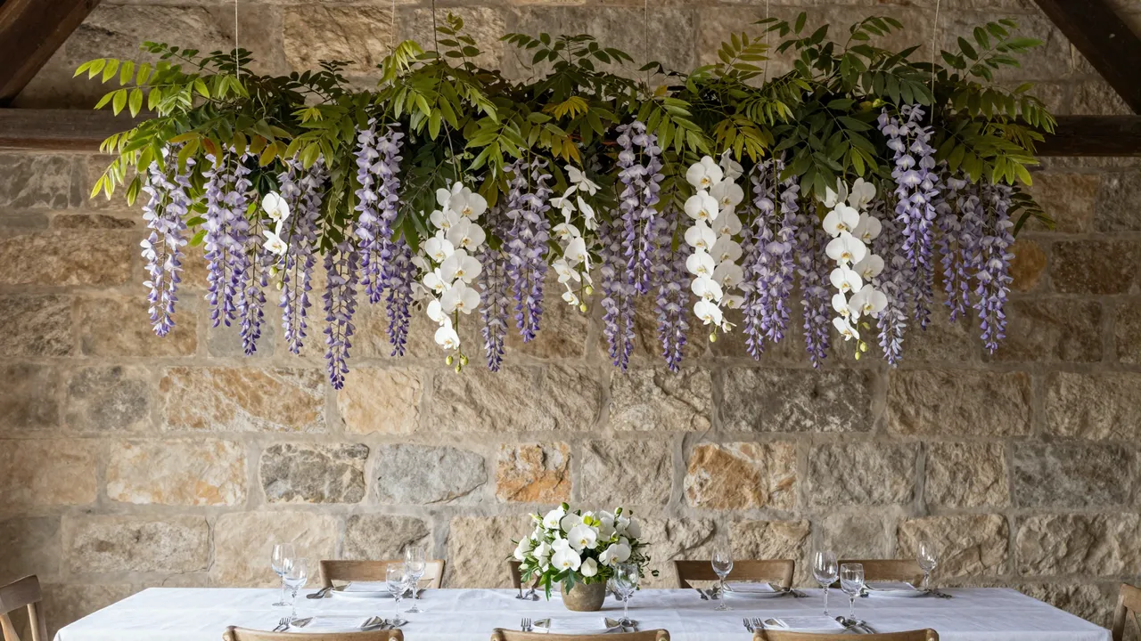 Hanging wisteria and orchid arrangement above a set long dining table in a stone barn interior