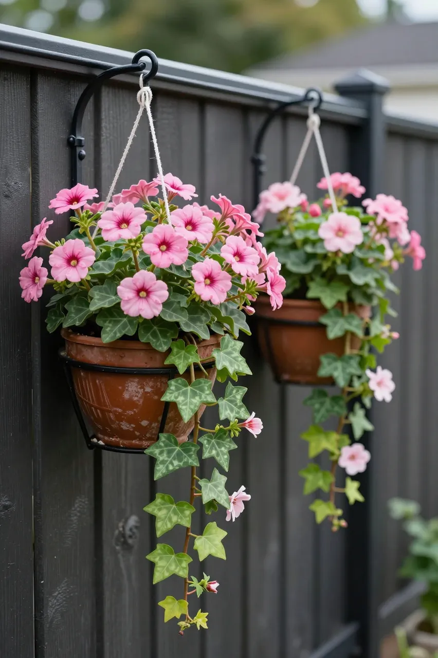 Two terracotta hanging planters with pink flowers and trailing ivy hang from black brackets on a dark backyard fence.