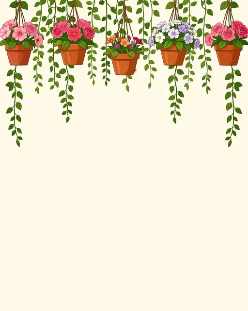 Terracotta hanging flower pots with trailing vines arranged along the top of a plain cream background with empty copy space