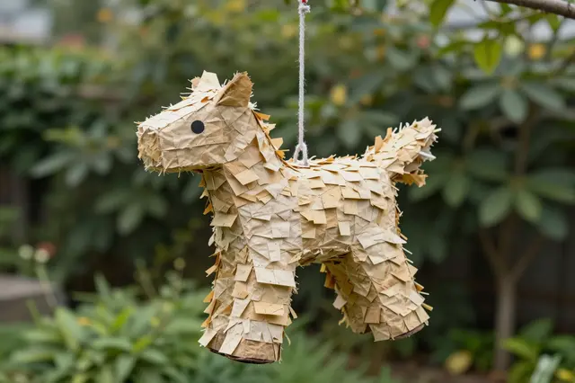 A handmade shredded paper horse-shaped piñata hangs from a string against blurred green garden foliage