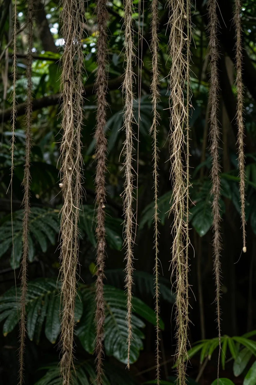 Long hanging liana strands hang in the foreground of a dark dense jungle interior