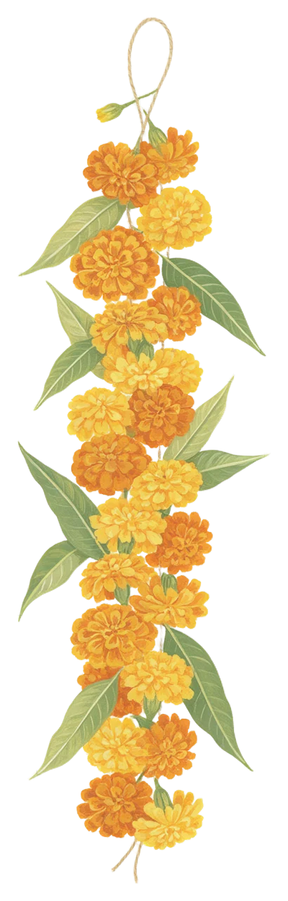 Vertical gouache illustration of a hanging garland of orange and yellow marigolds with green leaves