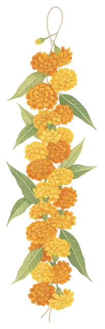 Vertical gouache illustration of a hanging garland of orange and yellow marigolds with green leaves