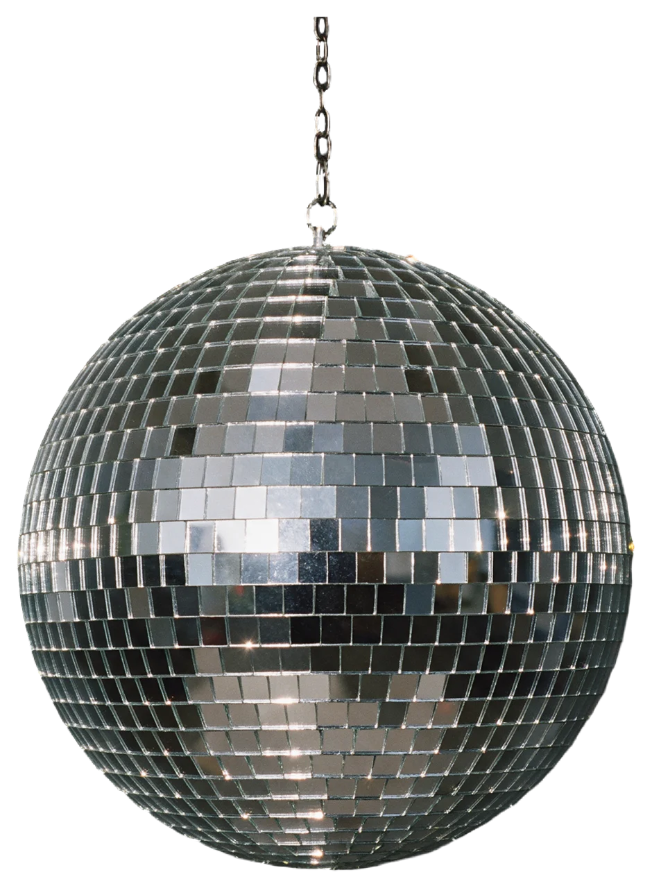 A silver mirrored disco ball hangs from a short metal chain, catching small sparkling light reflections.