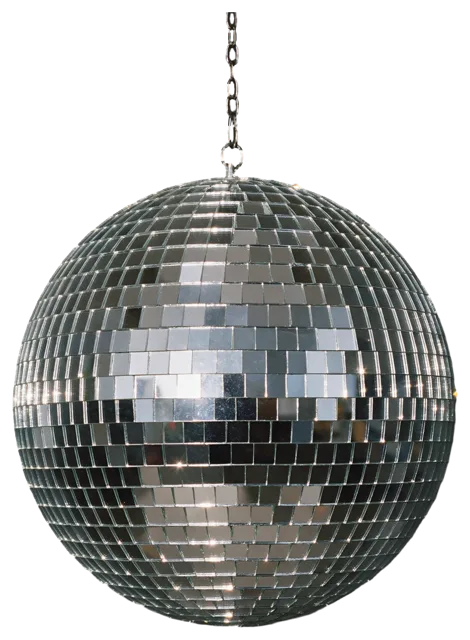 A silver mirrored disco ball hangs from a short metal chain, catching small sparkling light reflections.
