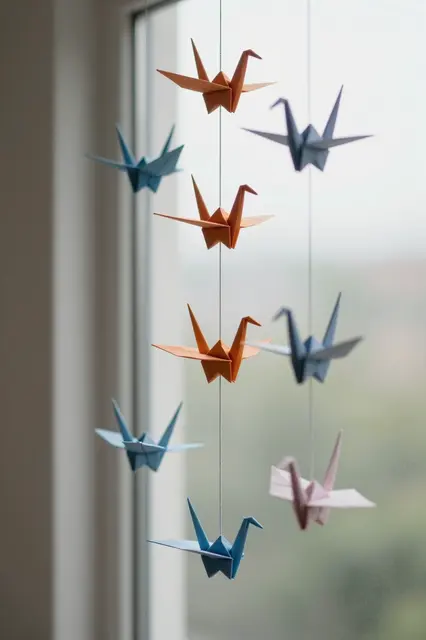 Strands of colorful folded origami cranes hang in front of a softly blurred bright window