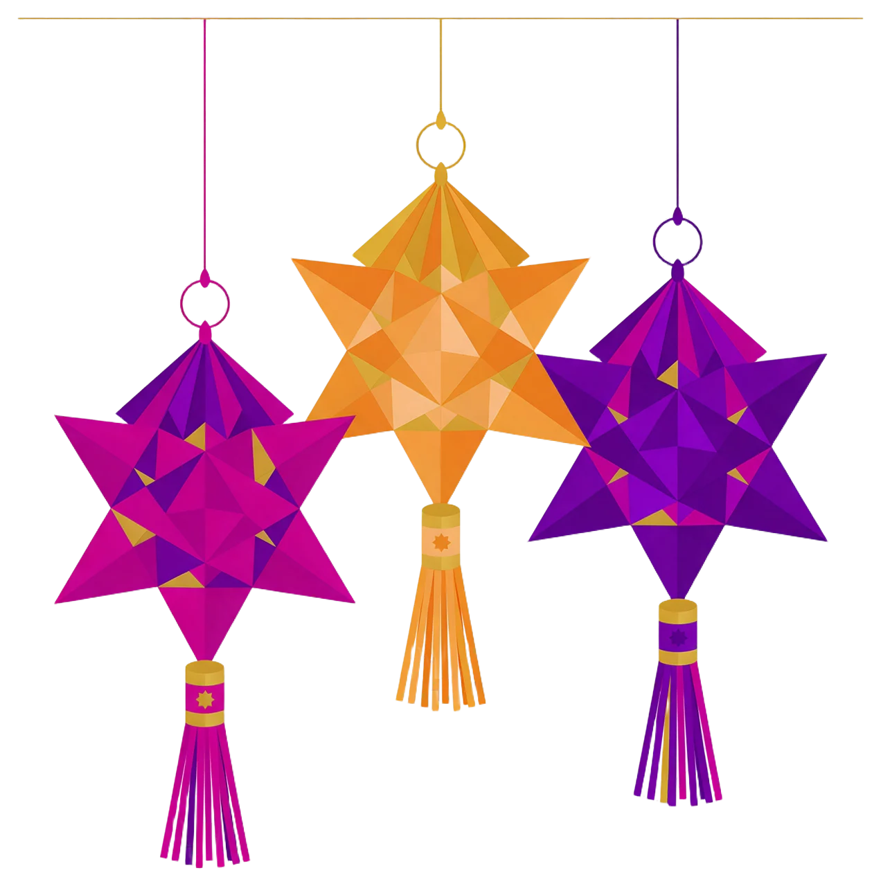 Three geometric paper star lanterns with tassels hang at differing heights from a horizontal line