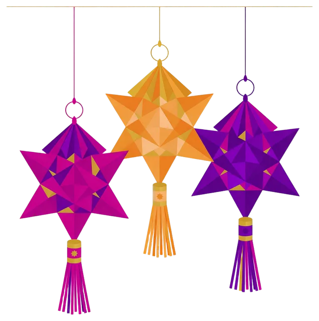 Three geometric paper star lanterns with tassels hang at differing heights from a horizontal line