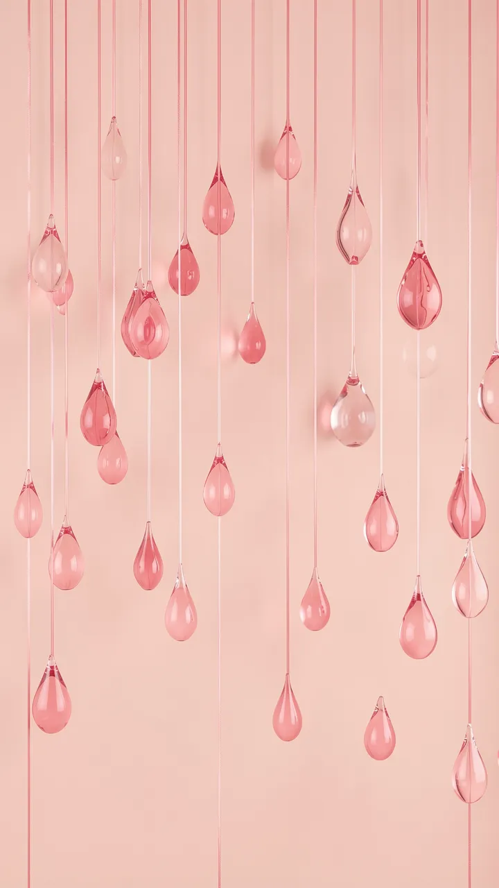 Translucent pink blown-glass teardrop shapes hang from thin strings against a soft blush background