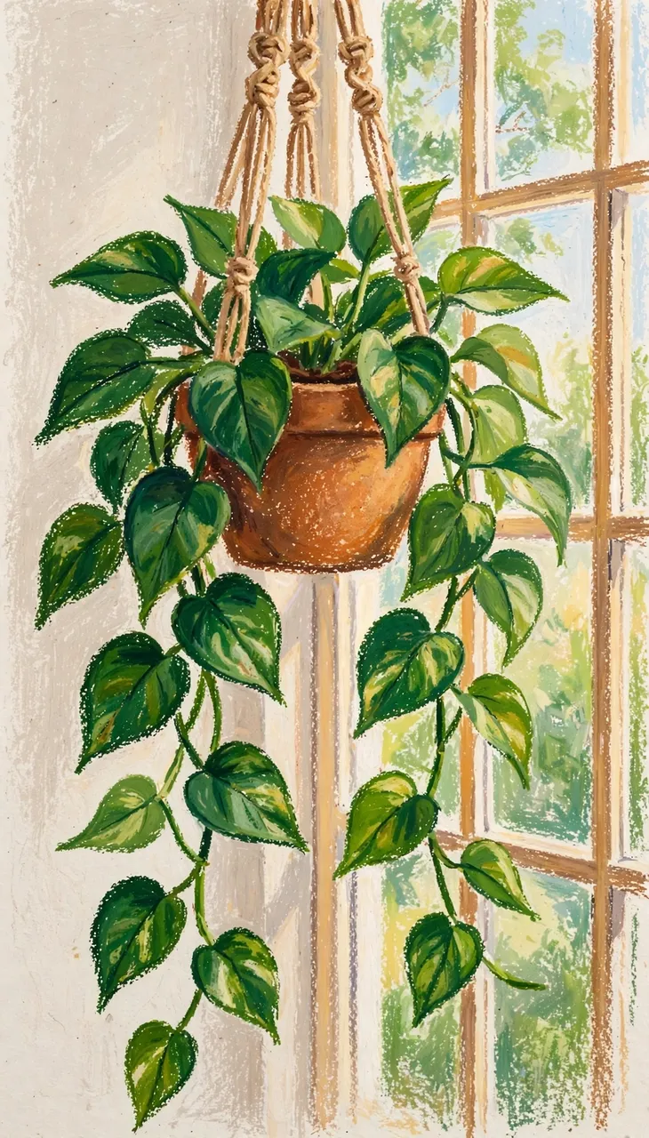 Oil pastel drawing of a trailing variegated pothos in a macrame hanger next to a bright paned window
