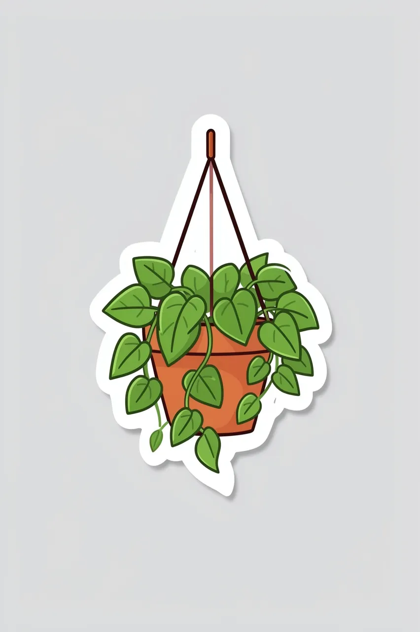 Cute flat illustration die-cut sticker of a trailing pothos in a hanging terracotta pot on a light gray background