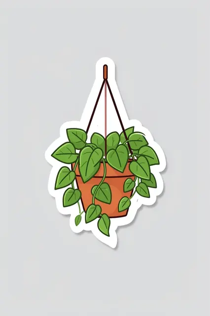 Cute flat illustration die-cut sticker of a trailing pothos in a hanging terracotta pot on a light gray background