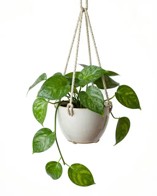 Trailing variegated pothos plant in a white ceramic macrame hanger against a plain white background