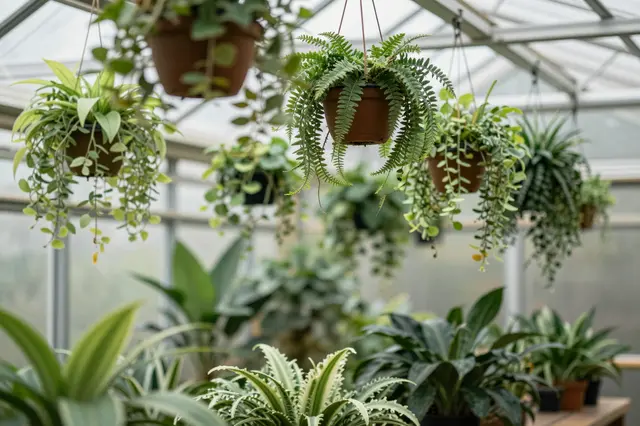 Lush hanging potted ferns and trailing houseplants hang from a glass greenhouse ceiling above lower potted foliage.