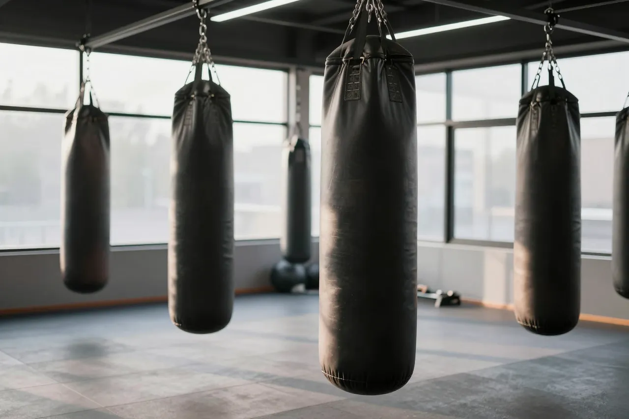 Row of black leather punching bags hang from a gym ceiling in soft morning light