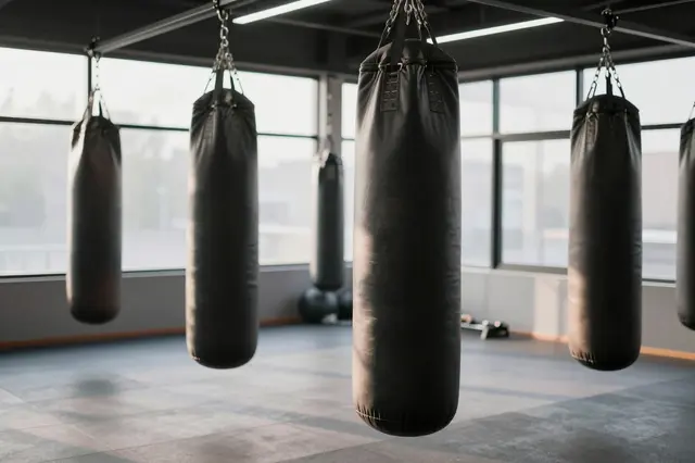 Row of black leather punching bags hang from a gym ceiling in soft morning light