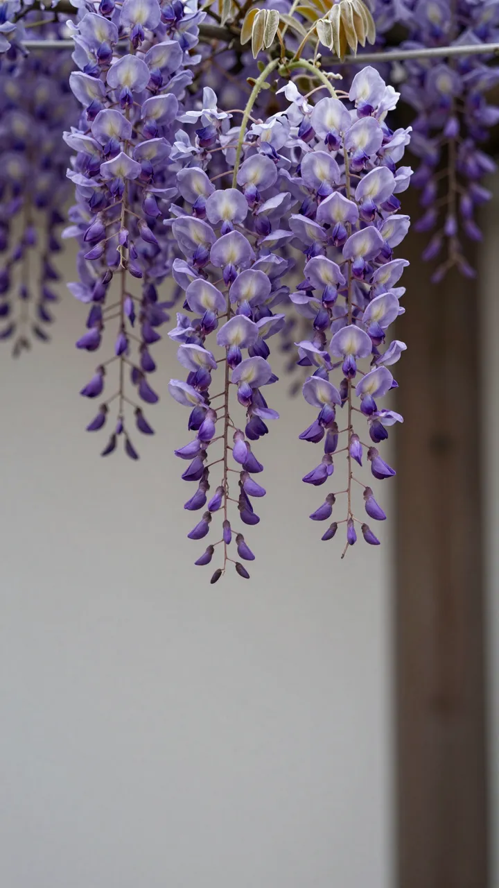 Drooping clusters of purple wisteria flowers hang in soft diffused light against a muted neutral background