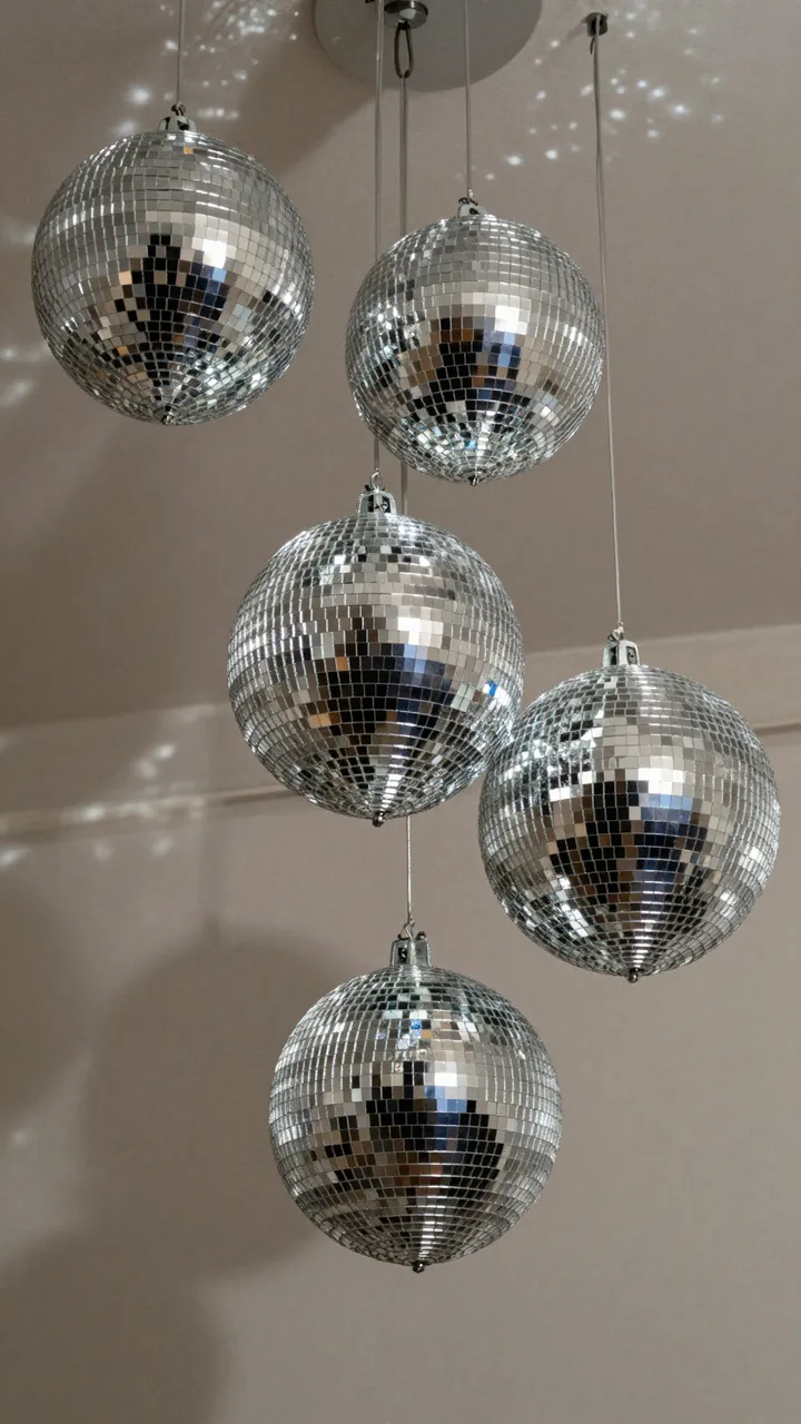 Five mirrored silver disco balls hang from a ceiling casting scattered light spots on a neutral wall