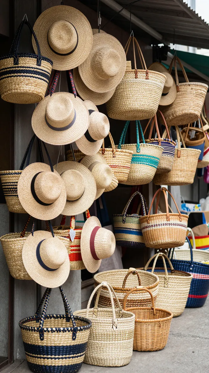 Handwoven straw hats and patterned baskets hang and sit in a vertical market stall display