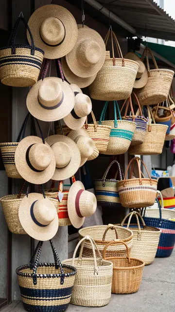 Handwoven straw hats and patterned baskets hang and sit in a vertical market stall display