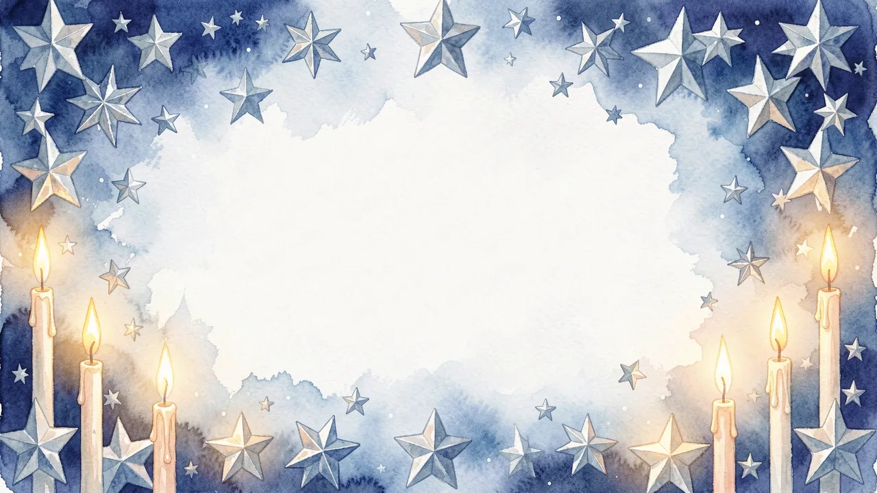 Watercolor border of blue silver stars and glowing candles framing a blank white center