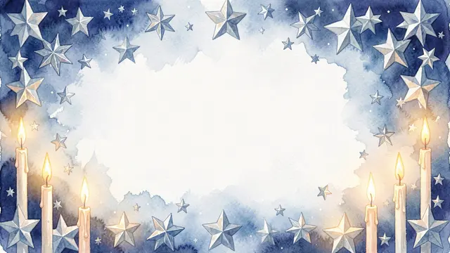 Watercolor border of blue silver stars and glowing candles framing a blank white center