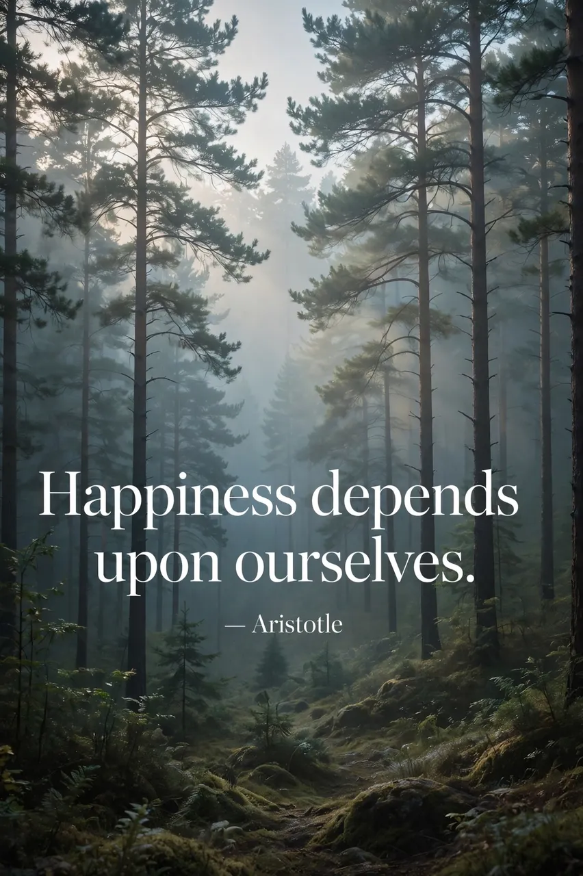 White serif quote reading "Happiness depends upon ourselves. — Aristotle" over a misty sunlit pine forest at morning