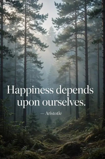 White serif quote reading "Happiness depends upon ourselves. — Aristotle" over a misty sunlit pine forest at morning