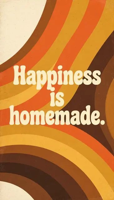 Retro 1970s curved stripe wallpaper with cream rounded text reading "Happiness is homemade."
