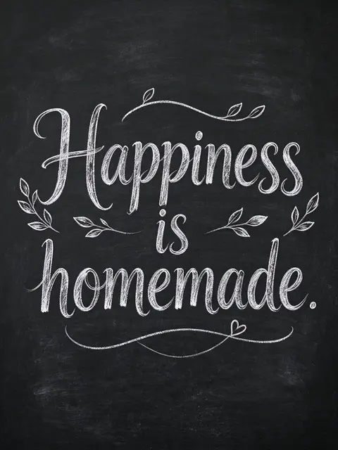 White chalk hand lettering reading "Happiness is homemade." with decorative flourishes on a dark chalkboard background