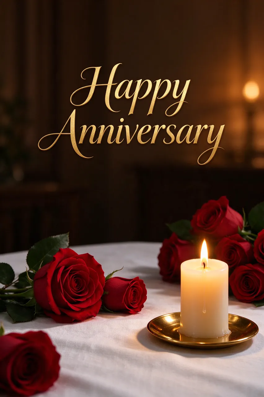 "Happy Anniversary" gold script text over red roses and a lit candle on a white linen table in warm evening light