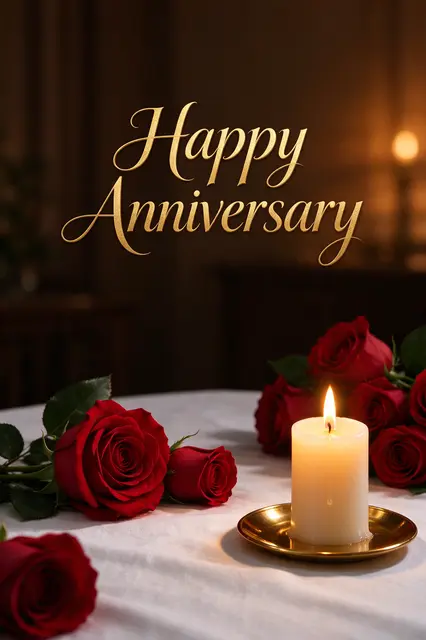 "Happy Anniversary" gold script text over red roses and a lit candle on a white linen table in warm evening light