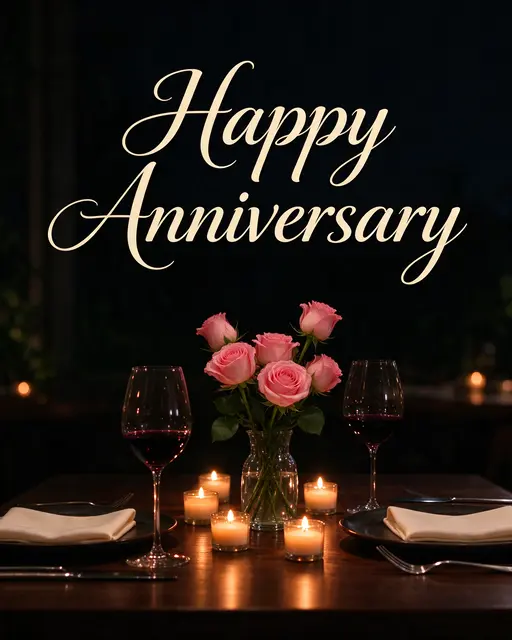 "Happy Anniversary" text above a candlelit dinner table set for two with pink roses and wine