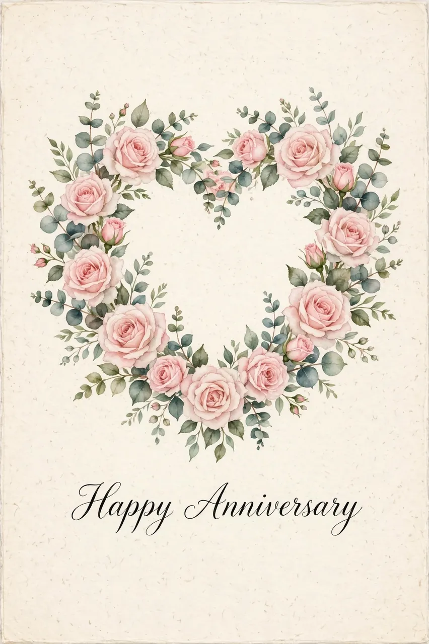 Watercolor heart wreath of blush roses and eucalyptus with "Happy Anniversary" script lettering on cream textured paper