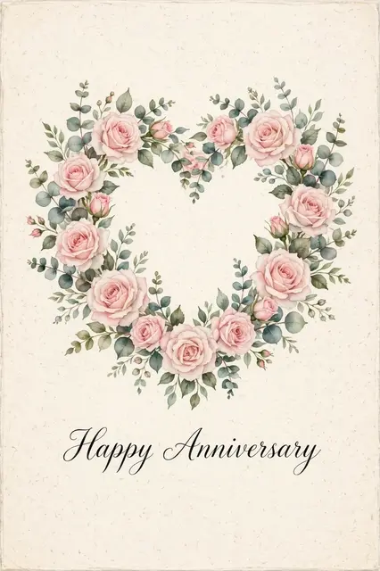 Watercolor heart wreath of blush roses and eucalyptus with "Happy Anniversary" script lettering on cream textured paper