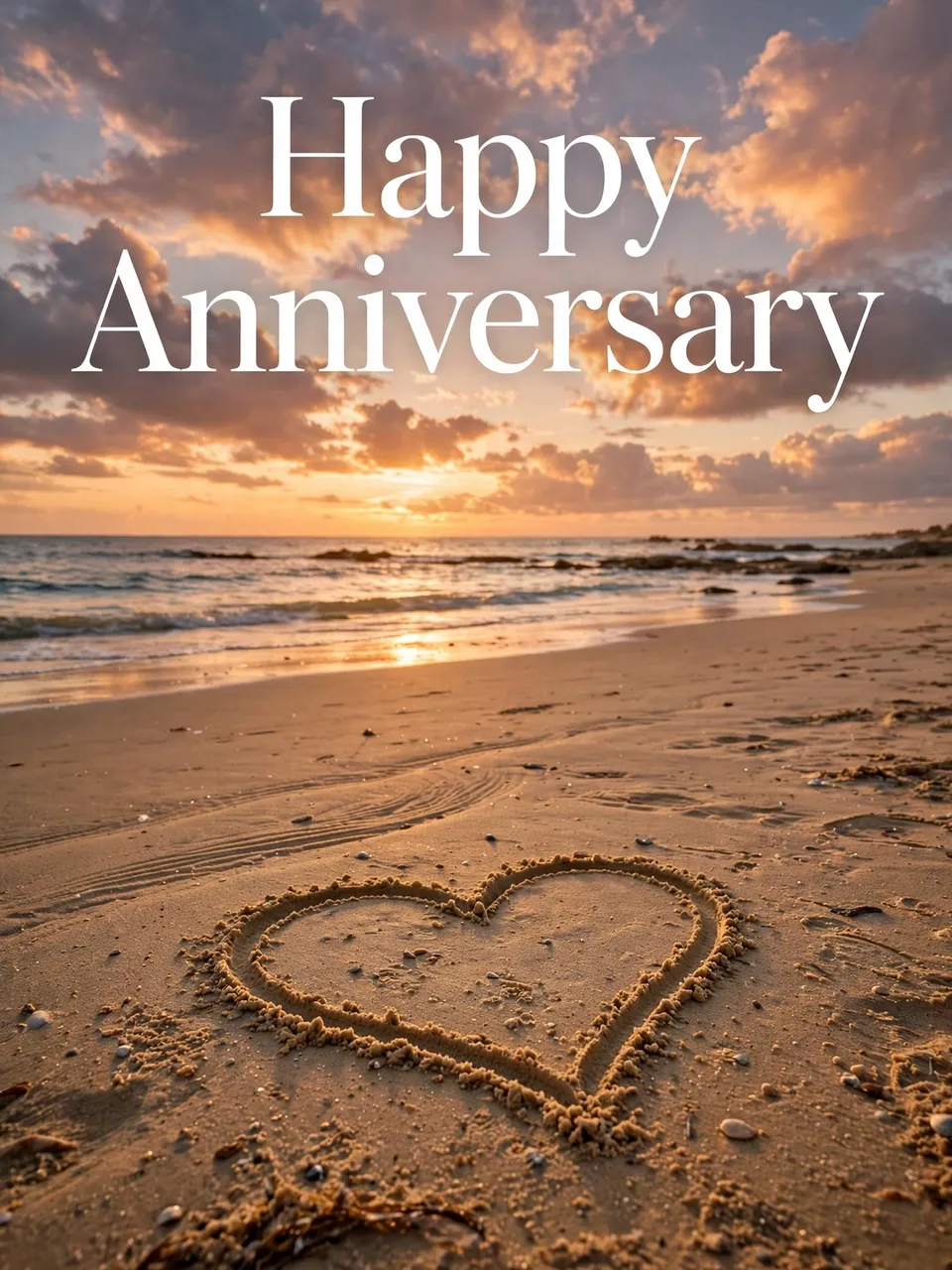 Sunset beach scene with a heart drawn in sand and "Happy Anniversary" text in the sky