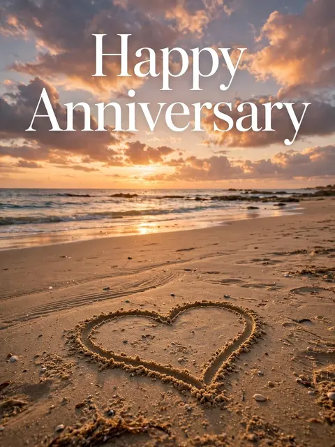 Sunset beach scene with a heart drawn in sand and "Happy Anniversary" text in the sky