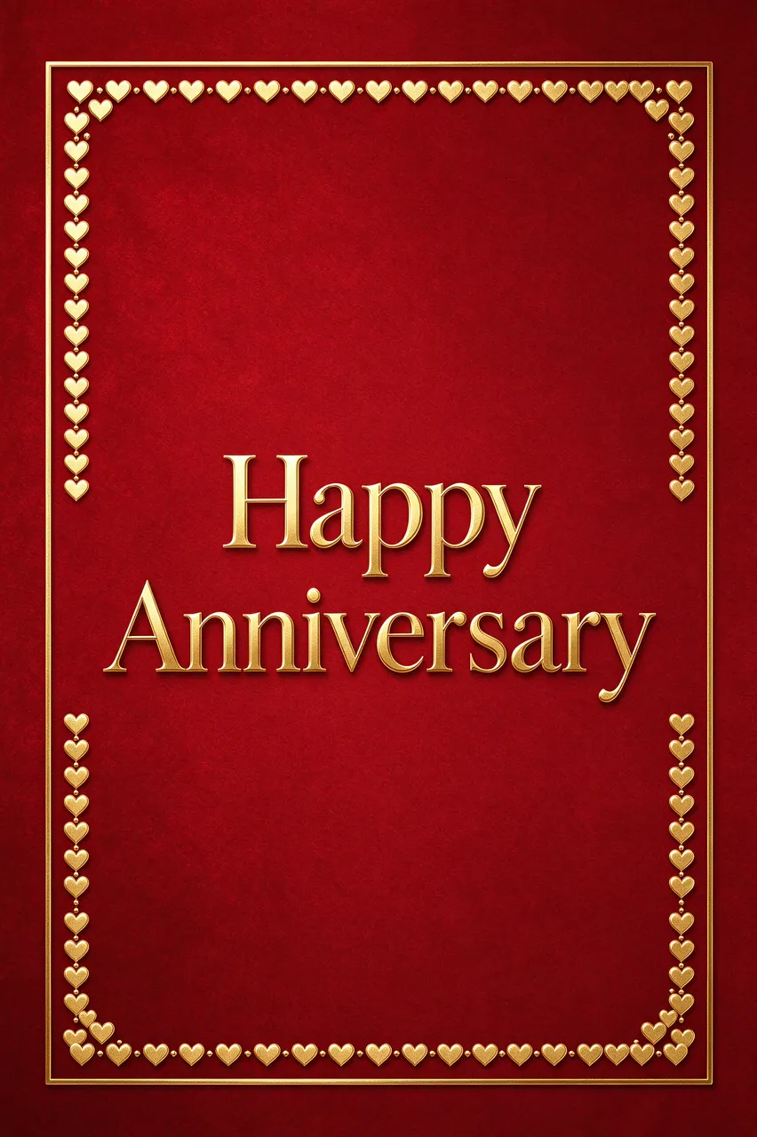 "Happy Anniversary" in elegant gold serif type centered on a deep red background with a gold heart border
