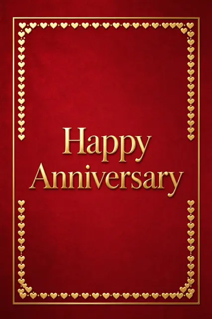 "Happy Anniversary" in elegant gold serif type centered on a deep red background with a gold heart border