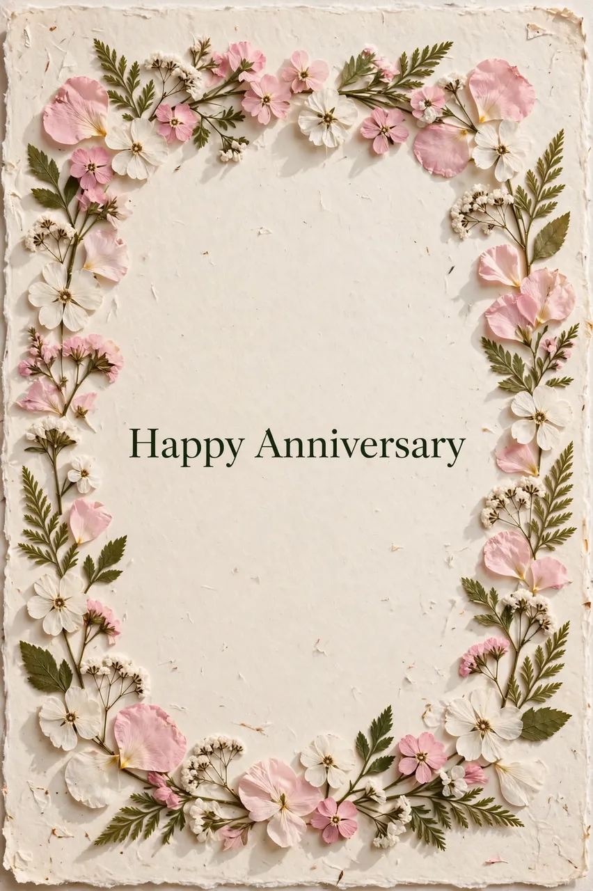 Pressed pink and white flowers frame cream handmade paper with dark green "Happy Anniversary" serif text in the center.