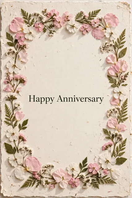 Pressed pink and white flowers frame cream handmade paper with dark green "Happy Anniversary" serif text in the center.