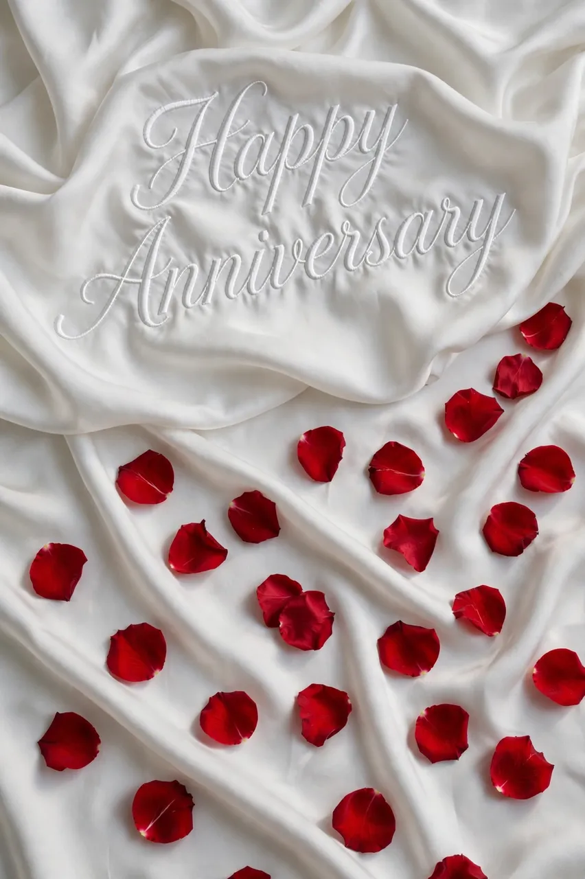 Embroidered "Happy Anniversary" lettering rests on soft white silk scattered with red rose petals.