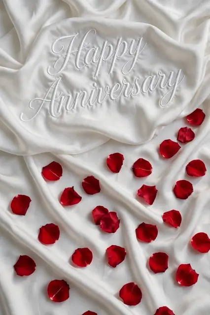 Embroidered "Happy Anniversary" lettering rests on soft white silk scattered with red rose petals.
