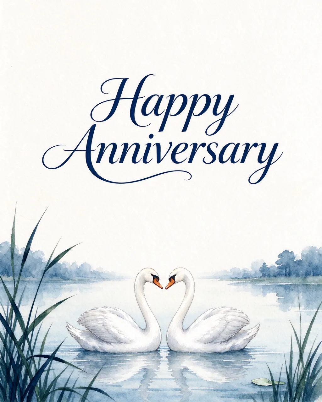 Watercolor illustration of two facing swans on a calm lake with elegant navy 'Happy Anniversary' script lettering