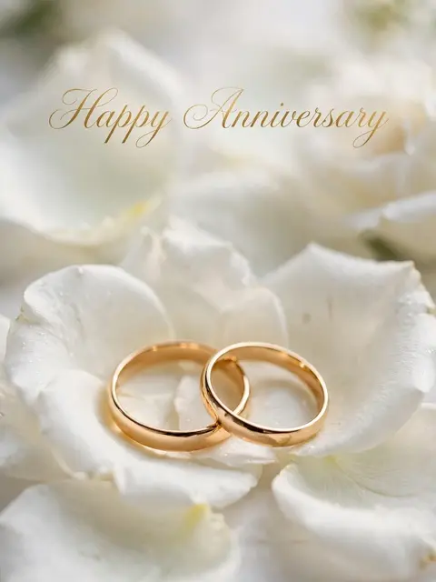 "Happy Anniversary" gold script text above two plain gold wedding bands resting on soft white rose petals