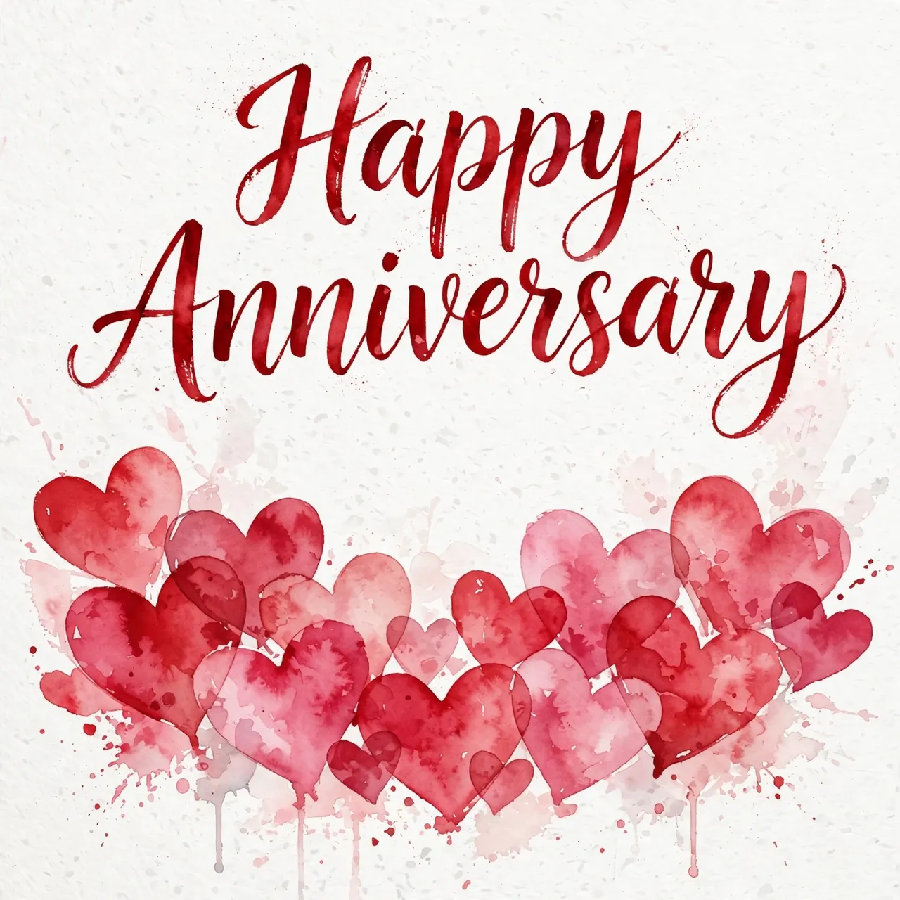 Watercolor painting with crimson brush script reading "Happy Anniversary" above overlapping red and pink hearts on textured