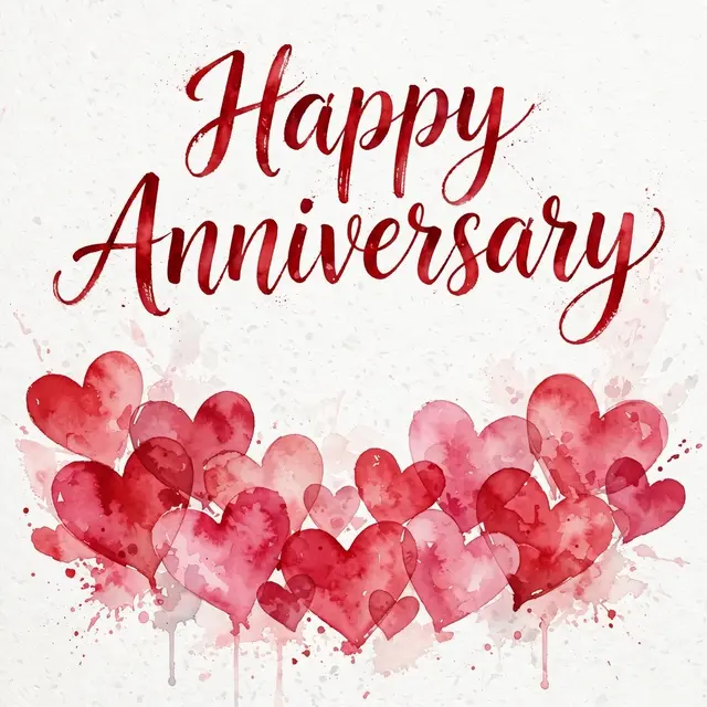 Watercolor painting with crimson brush script reading "Happy Anniversary" above overlapping red and pink hearts on textured