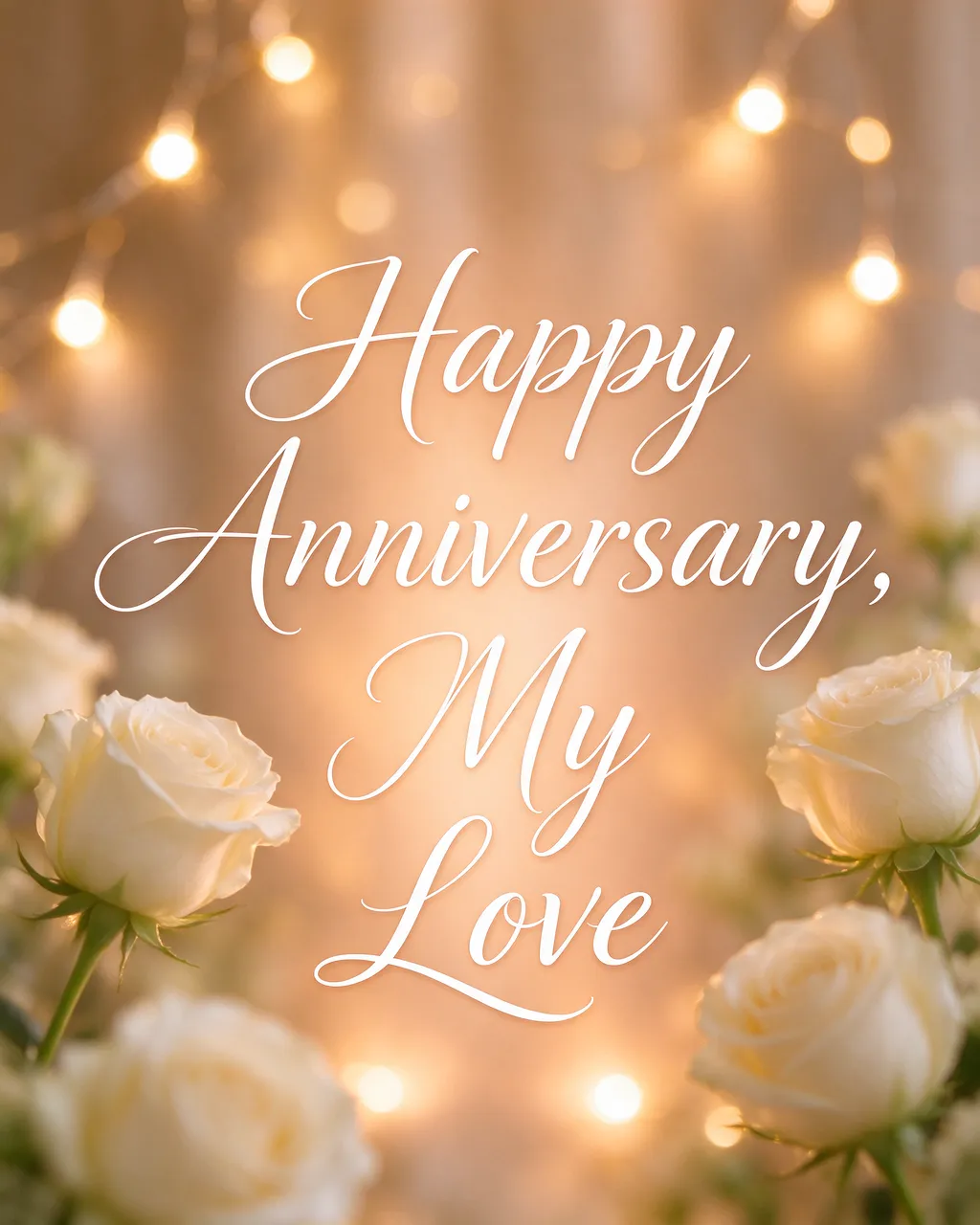 Soft bokeh fairy lights and white roses frame centered text that reads "Happy Anniversary, My Love"